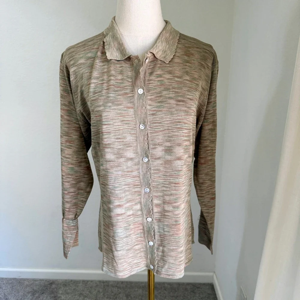 Vintage 100% Silk Space Dye Cardigan Scalloped Polo Medium Feminine Delicate